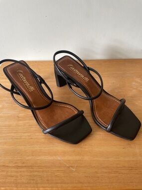 L'INTERVALLE Black Leather Sandals Strappy Square-Toe Block Heels, Size 8